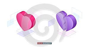 Trendy flat illustration. Heart and broken heart 3D isometric icons. Vector graphics.